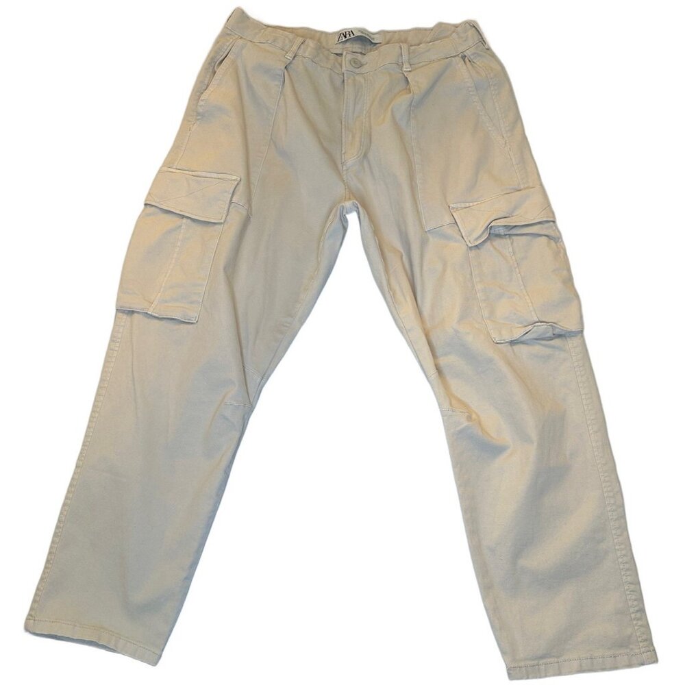 Zara Pants Mens Cargo Utility Pockets Streetwear Casual 90s Outdoor Cream Tan 34